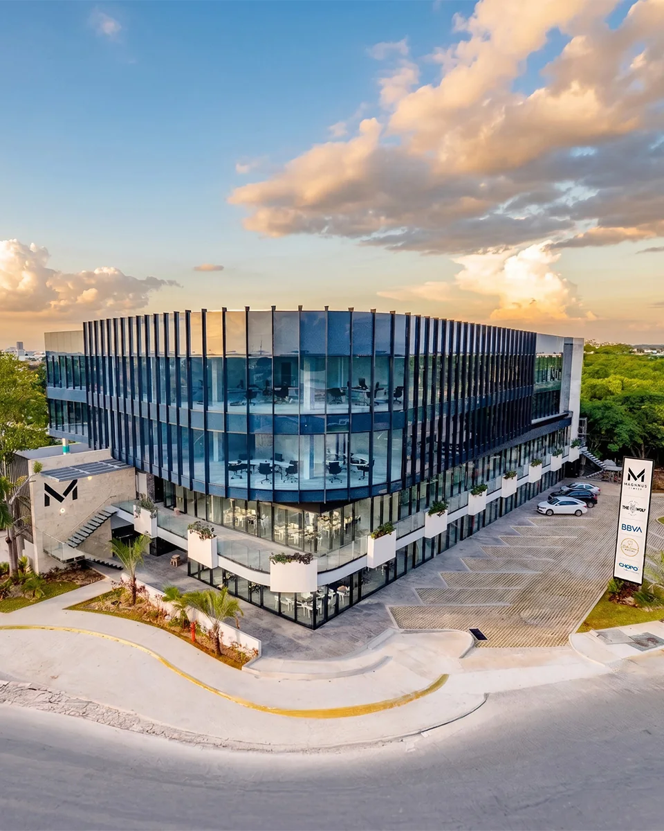 Magnnus Center and its main entrance at sunset
